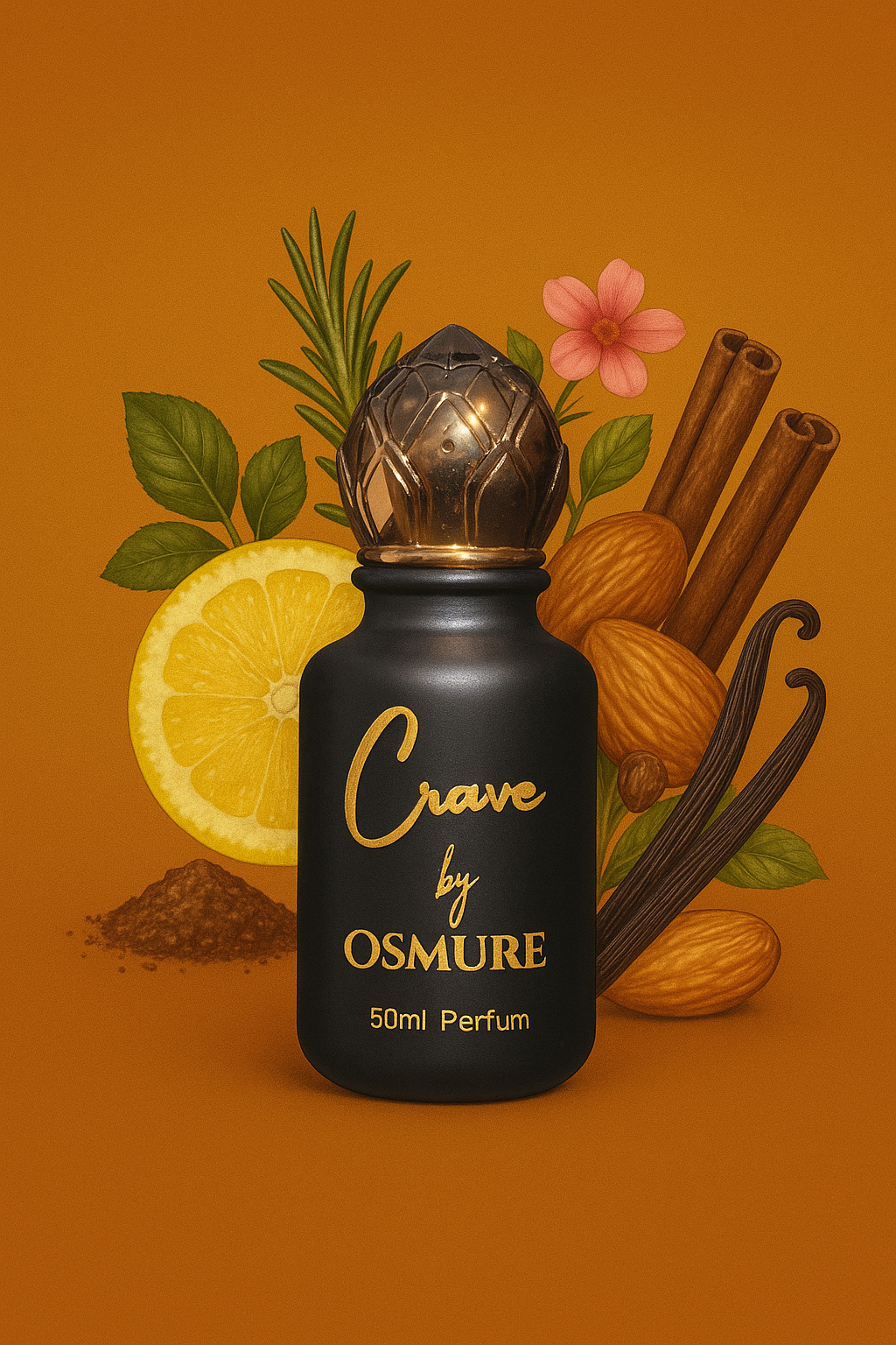 Perfume bottle labeled 'Crave by Osmure' with botanical elements on an orange background